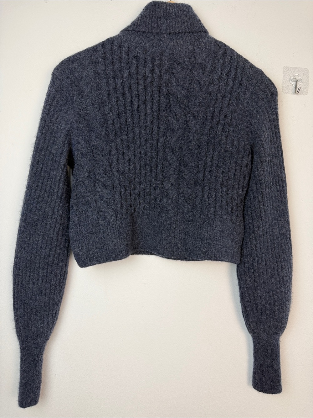 All Saints Claude Cropped Sweater Chunky Cable Knit Mock Neck Wool Blend SM Blue - Picture 14 of 16
